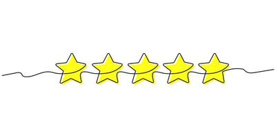 Line product quality rating or customer feedback with five yellow stars with a black line. Rating linear symbols for critic feedback service, rating survey, mobile app. illustration vector