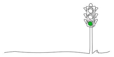 Solid drawing of a single line of a traffic light with poles to control the movement of vehicles at road intersections with a green light. One line draw design graphic illustration. vector