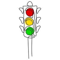 Solid drawing of a single line traffic light with poles to control the movement of vehicles at road intersections. There are red, yellow, green lights. One line draw design graphic illustration. vector