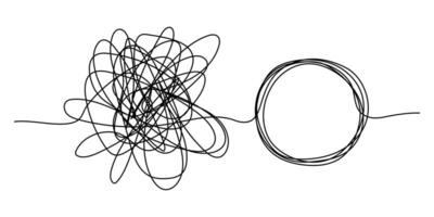 Chaos and order business concept flat design style on white background. A tangled mess turns into a circular line of order, find a solution. Coaching, mentoring or psychotherapy. vector