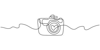Solid line illustration design of digital camera on white background. A heart in the lens of the camera. Linear graphics in the style of minimalism. Photo and recording technique vector