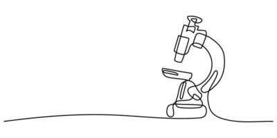 Continuous one line drawing of microscope laboratory. Microscope line art illustration. Research and science, microbiology medical research concept. Scientific and medical subjects for study and work. vector