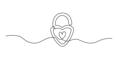 Continuous line drawing of heart shaped lock on white background. Love lock line icon. One line drawing background. illustration. Lock solid line icon. vector