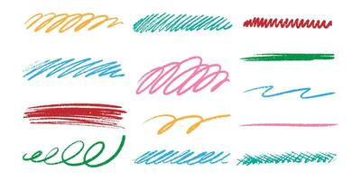 Set colorful wax crayon strokes isolated on white background. Hand drawn pencil strokes of lines and doodles. Bright abstract children's charcoal drawing. Rough edges. vector