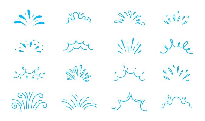 Cartoon water splash effects, ocean waves, drops