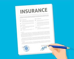 Insurance policy document, hand signing paper form vector