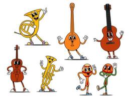 Cartoon retro groovy musical instrument characters vector