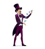 Circus illusionist character performs cards tricks vector