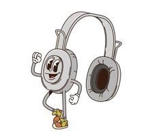 Cartoon groovy computer headphs retro character vector