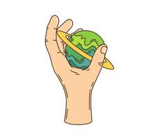 Cartoon groovy space planet in hand, galaxy art vector