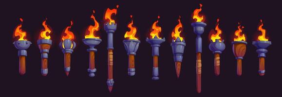 Medieval fire torch, cartoon game asset vector