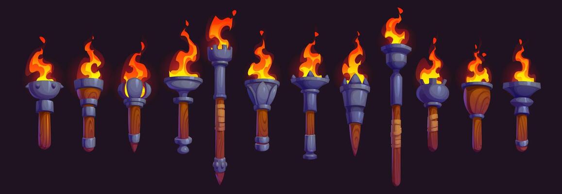 Medieval fire torch, cartoon game asset