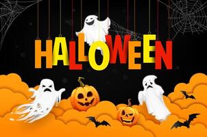 Halloween paper cut clouds, ghosts and cobweb vector