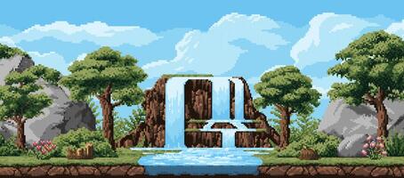 8 bit pixel landscape with mountains and waterfall vector