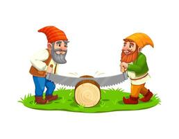 Cartoon gnome dwarf characters sawing a log vector