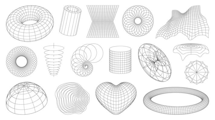 3d wireframe shapes, brutal perspective grid