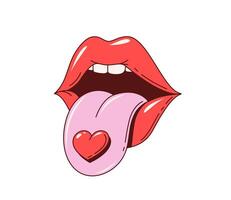 Retro y2k groovy mouth with tongue and heart vector