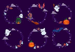 Halloween frames with kawaii ghosts, round borders vector