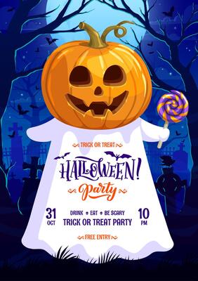 Halloween party flyer with cartoon pumpkin ghost