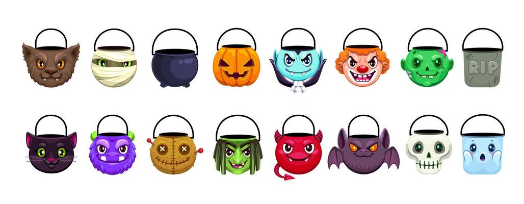 Isolated Halloween sweets buckets, monster faces