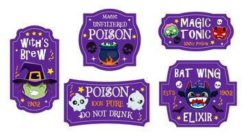 Halloween potion labels, magic elixir bottle tags vector