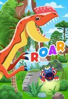 Funny dinosaur character and dino kid scene vector