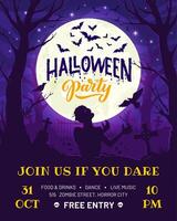 Halloween party flyer with zombie, bats and trees vector