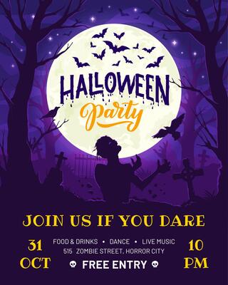 Halloween party flyer with zombie, bats and trees