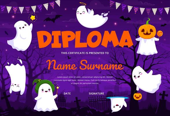 Halloween kids diploma, kawaii ghosts on cemetery