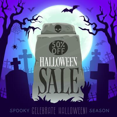Halloween sale banner with cemetery tombstone