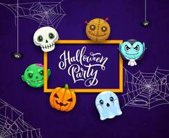 Halloween frame with cobweb and emoji characters vector