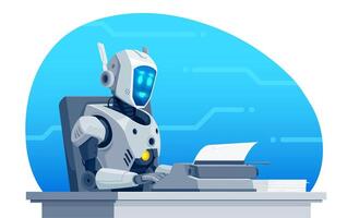 AI robot writer character typing on typewriter vector