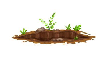 Ground hole, deep dirty pit in soil or mud surface vector