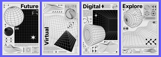 Brutalism y2k posters, with retro grid and shapes vector
