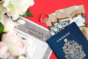 Canadian Certificate of marriage document and wedding ring with canadian dollars and passport photo