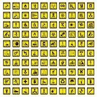 Collection of warning and safety signs. Set of safety and caution signs. Square yellow signs with the designation dangerous. vector