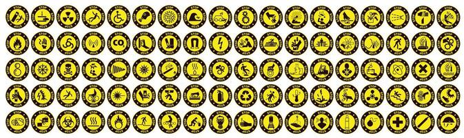 Round yellow signs with the meaning stop. Collection of warning and safety signs. Set of safety and caution signs. vector