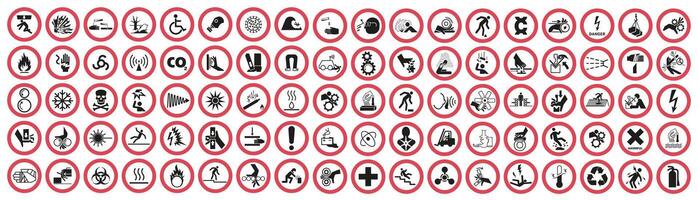 Collection of warning and safety signs. Set of safety and caution signs. Round white signs with a red border. vector