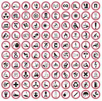 Collection of warning and safety signs. Set of safety and caution signs. Round white signs with a red border. vector