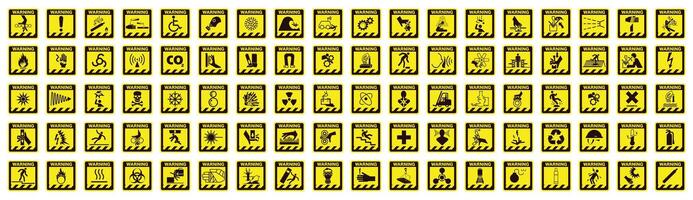 Collection of warning and safety signs. Set of safety and caution signs. Square yellow signs with the designation dangerous. vector