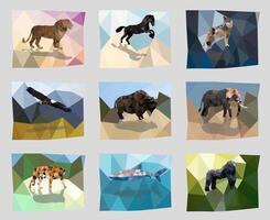 Polygonal silhouettes of animals. Triangulation of wild animals, birds and fish against multicolored background. vector