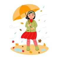 A surprised girl in autumn clothes hides under an umbrella from the wind and rain. Leaf fall. The autumn season. vector