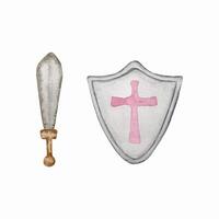 Watercolor fairy tale set, shield and sword, nursery vector