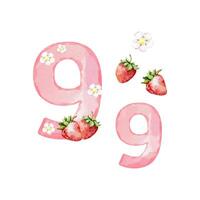 Watercolor pink number 9 with strawberry and flowers vector