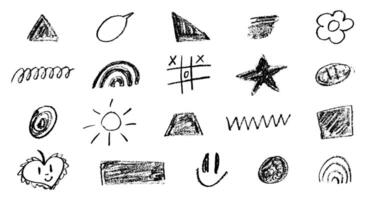 Collection of Wax crayon doodles. Hand drawn abstract squiggles, creative different shapes, simple icons. School back texture, stars, crown, swirls. vector
