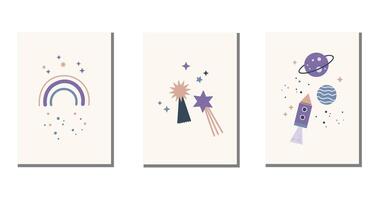 Children's posters with a space theme. Hand drawn cute print in boho style for wall decor in children's room. The images are created without the use of any artificial intelligence software vector