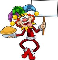 Laughing Jolly Jester Cartoon Character With Cake For Smear Face And Blank Sign vector