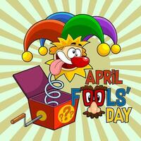 Crazy Jolly Jester Cartoon Character Exit From Surprise Box vector
