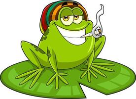Smiling Green Frog Cartoon Character Sitting On A Leaf And Smoking A Joint vector