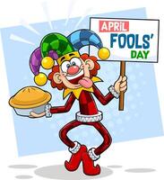 Laughing Jolly Jester Cartoon Character With Cake For Smear Face And Sign Board vector